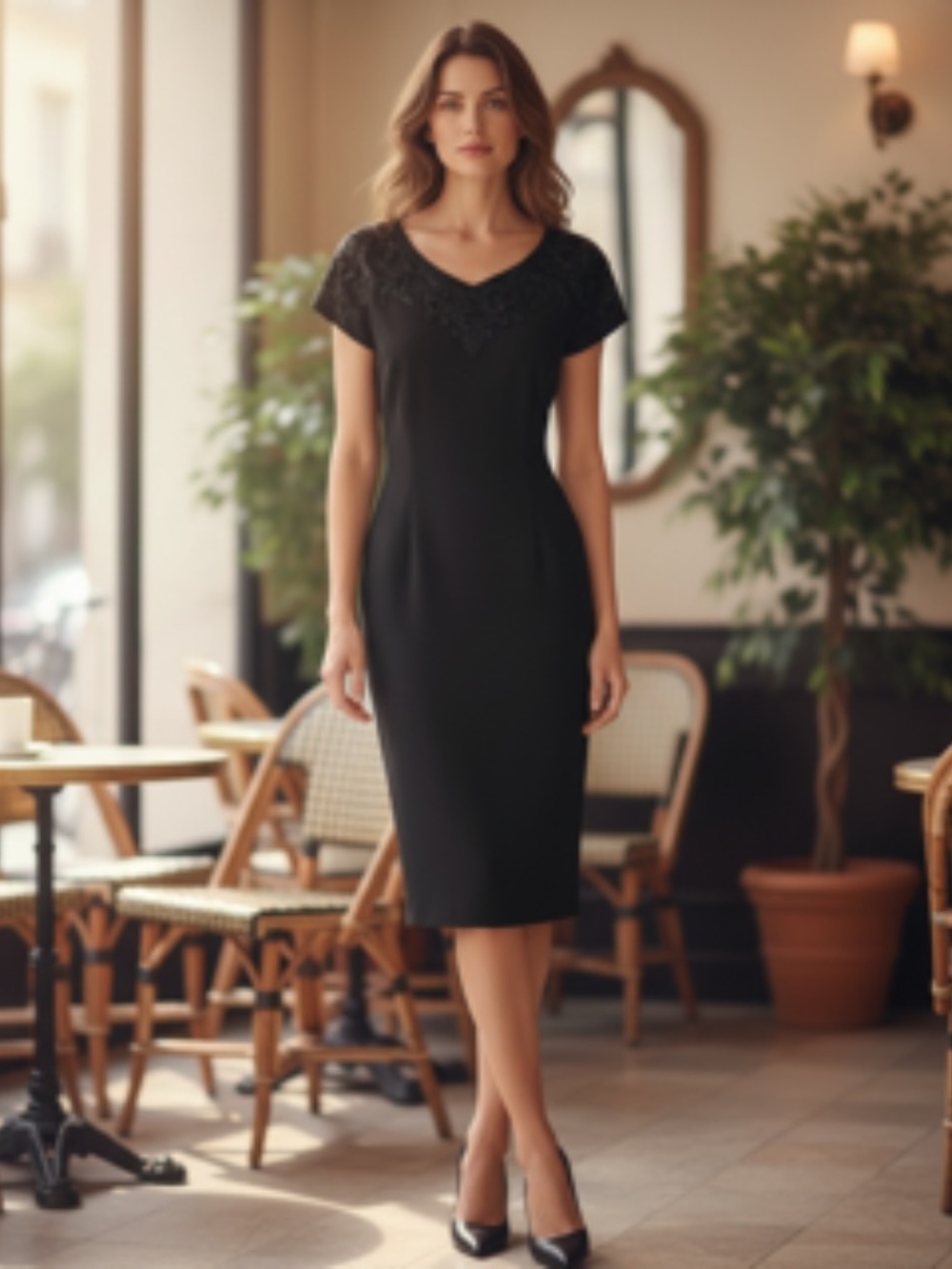 MariAnna Black Beaded V-Neck Fully Lined Short Sleeve Dress Size 8